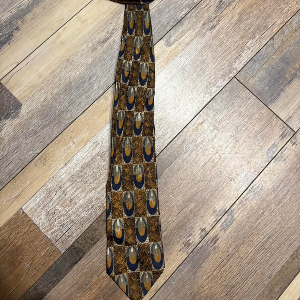 Brown and blue tie with abstract design| Office | Y2k Silk